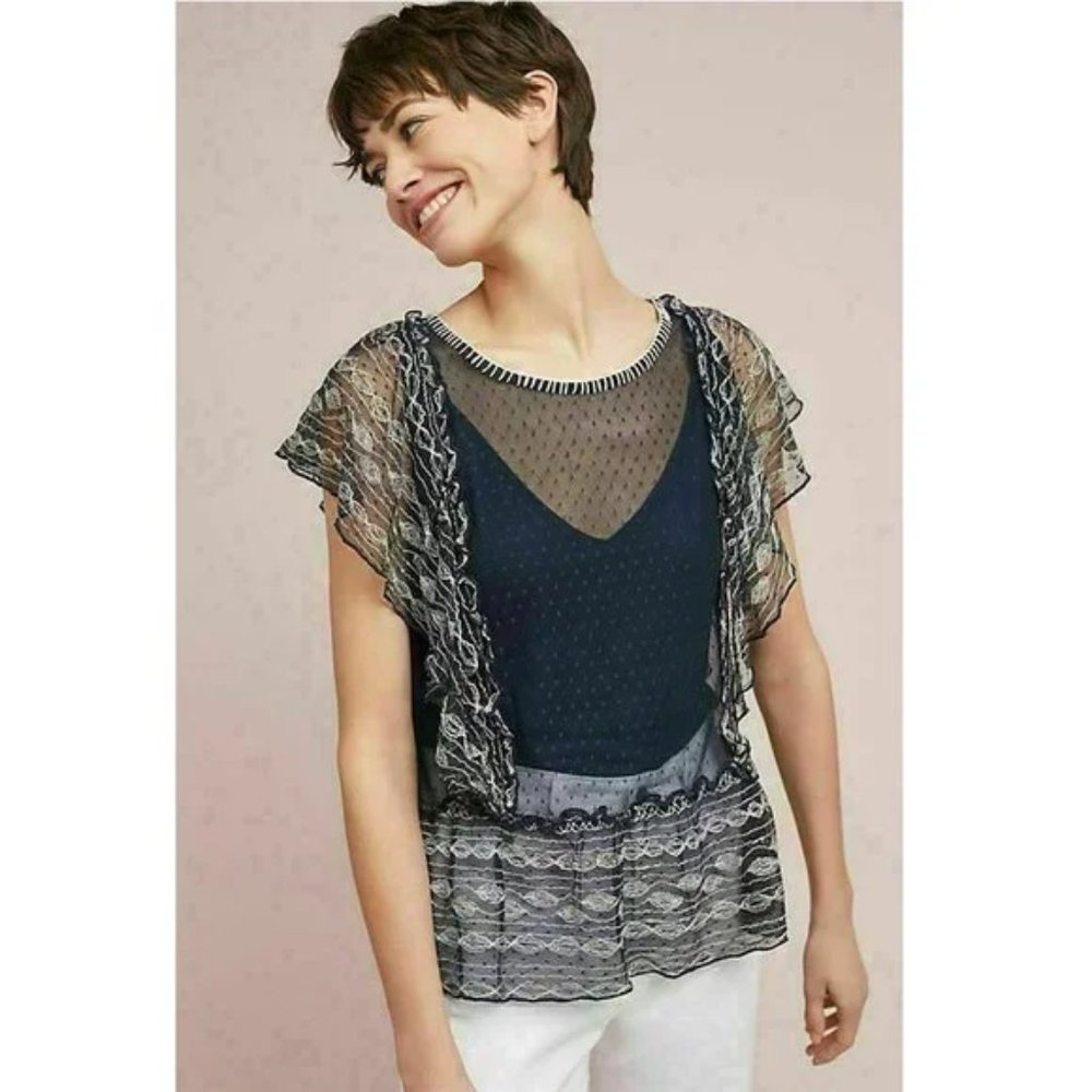 Meadow Rue Anthropologie Sloane Dotted Ruffle Blouse Top Sheer Navy M